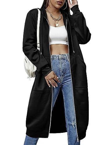 ELESOL Women's Casual Long Hoodies Sweatshirt Coat Pockets Zip up Outerwear Hooded Jacket Tops, Black XX-Large