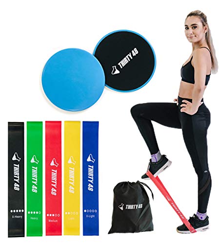 Thirty48 Gliding Discs Core Sliders and 5 Exercise Resistance Bands | Strength, Stability, and Training for Home, Gym, Travel | User Guide & Carry Bag