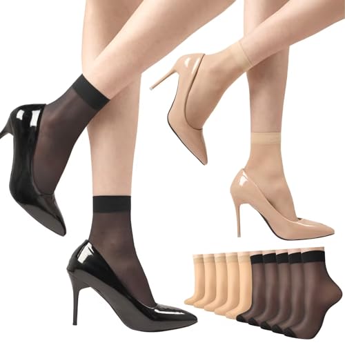Sheer Socks Nylon Socks for Women Thin Ankle Stocking Footies Elastic See Through Silk Socks Reinforced Toe Nude Black 10 Pack