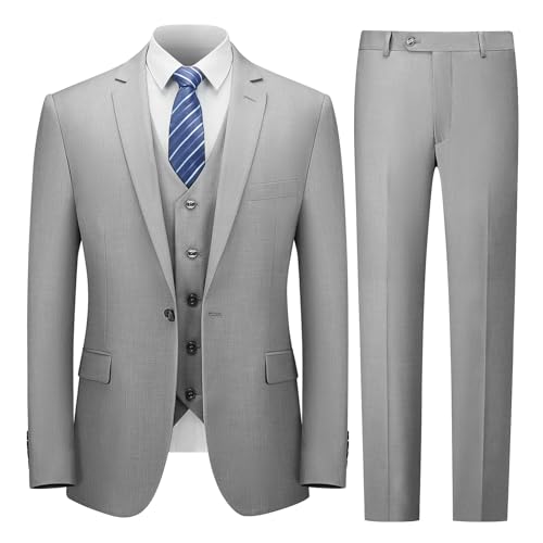 Cooper & Nelson Men's Suit Slim Fit, 3 Piece Suits for Men, One Button Jacket Vest Pants with Tie, Tuxedo Set Light Grey XL