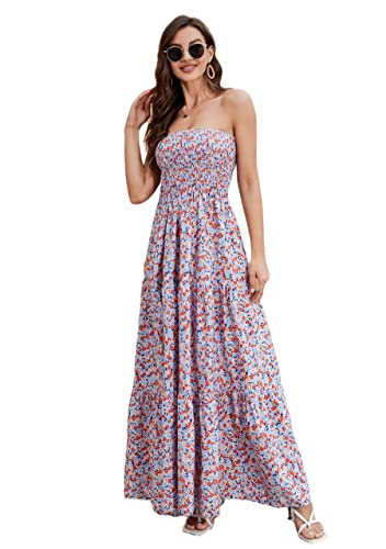 Daenery Women Strapless A Line Maxi Dress Tube Top Backless Casual Summer Dress Blue-red