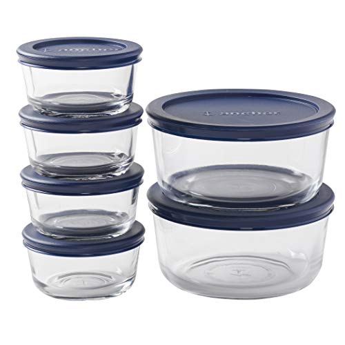 Anchor Hocking 12 Piece Glass Storage Containers with Lids (6 Glass Food Storage Containers & 6 Navy Blue SnugFit Lids)