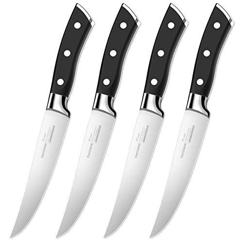 OAKSWARE Steak Knives, Non Serrated Steak Knife Set of 4, German Steel Steak Knife Set 5 Inch, 4 Pieces Professional Straight Edge Knives - Full Tang Ergonomic Handle