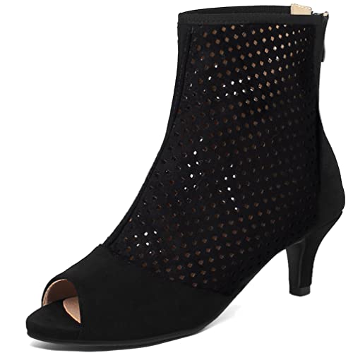 Caradise Womens Low Kitten Heel Perforated Booties Summer Zip Peep Toe Boots Size 8.5 B(M) US,Black