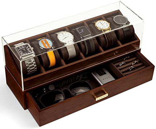 KAMIER Watch Box Case Organizer Display for Men,Two-Tier Wooden Watch Box Organizer For Men with Watch Holder and Drawer,Walnut
