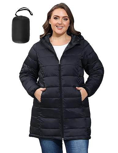 ANOTHER CHOICE Women's Packable Puffer Jacket, Hooded Lightweight Winter Quilted Coat with Pockets Long Sleeves (Black, 3X)
