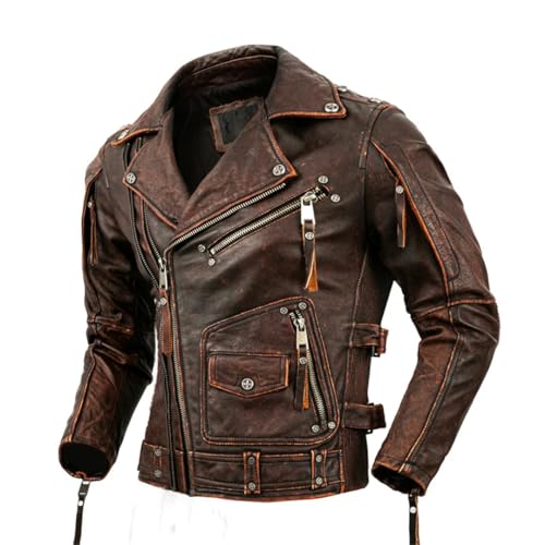 Alonepat Men Natural Leather Motorcycle Jacket Cowhide Biker Jacket Retro Moto Suit Stone Milled Leather Jacket Brown 5XL