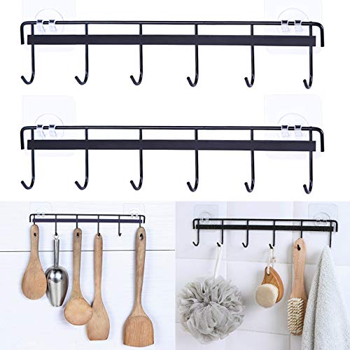 Rainmae 2 Pack Kitchen Adhesive Wall Hooks Rack Rail, Space Saving Wall Hanger No Drilling Hanger with 6 Hooks for Kitchen Bathroom Bedroom Closet Stainless Kitchen Tools for Hanging Knives, Spoon