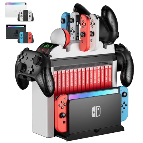 Switch Organizer with Controller Charging Dock, ZAONOOL Controller Charger Station for Nintendo Switch & OLED Joycon, Pro Controller, Accessories Storage Tower Stand for Games, Pro Controller, TV Dock