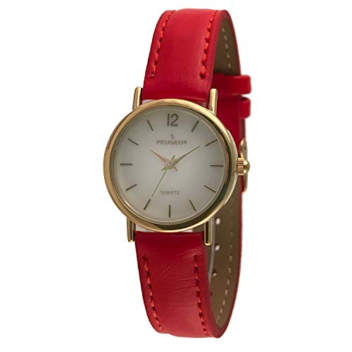 Peugeot Women Classic Everyday Watch - 14K Plated Round Case with Leather Band