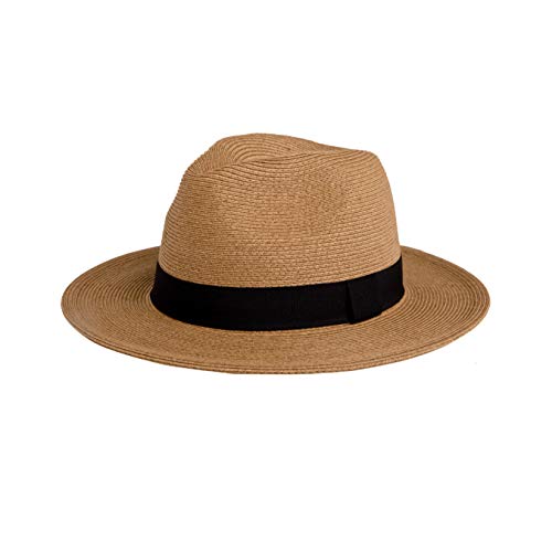 Pineapple&Star Sun Straw Fedora Beach Hat Fine Braid UPF50+ for Unisex (Large, Brown)