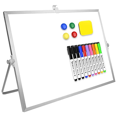 Dry Erase White Board, 16inX12in Large Magnetic Desktop Whiteboard with Stand, 10 Markers, 4 Magnets, 1 Eraser, Portable Double-Sided White Board Easel for Kids Memo to Do List Desk School