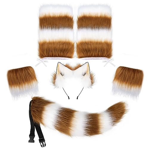 JUNBOON Adult Faux Fur Wolf Costume Set Plush Fox Ear Headwear Tail Wrist Cuffs Boots Leg Warmers Halloween Cosplay Accessory