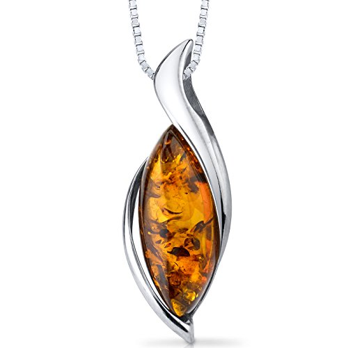 PEORA Genuine Baltic Amber Pendant Necklace for Women 925 Sterling Silver, Floating Marquise Twist, Rich Cognac Color, with 18 inch Chain