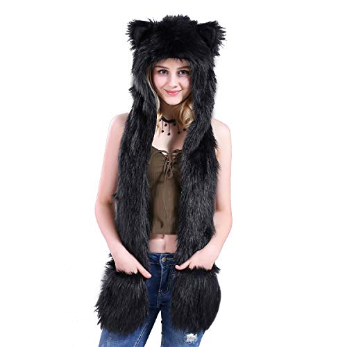 Faux Fur Animal Hat 3 in 1 Novelty Hood Earflap Cap Scarf Mitten Hoodie with Paw Pocket Plush Beanie Party Costume