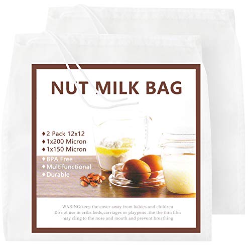 Nut Milk Bag 2 Pcs, GOGOUP 12'X12' Reusable Strainer Bags Food Straining Cloth 150&200 Micron Fine Mesh Nylon Filter Bags for Almond Milk, Juice, Cold Brew, Coffee, Tea, Yogurt, Cheese, Bone Broth