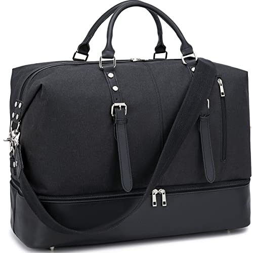 Weekender Overnight Bag Oversized Travel Duffel for Men and Women Carry On Tote Shoe Compartment (Black D)