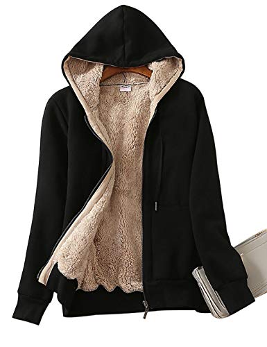 Yeokou Women's Casual Full Zip Up Sherpa Lined Hoodie Sweatshirt Jacket Coat (Small, Black)