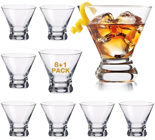 Mfacoy Martini Glasses Set of 9(Buy 8, get 1 Free), Crystal Cocktail Glasses 8 Ounces, Hand Blown Stemless Martini Glasses for Bar, Martini, Cosmopolitan, Manhattan, Gimlet, Pisco Sour Brandy
