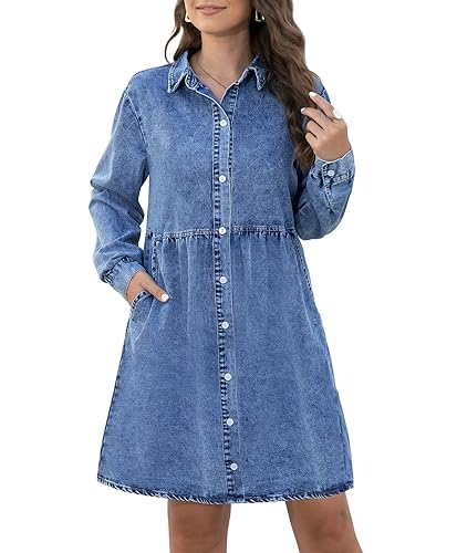 KDF Denim Dress for Women with Pockets Long Sleeve Babydoll Denim Shirt Dresses for Women 2023 Medium Blue Size Medium Size 8 Size 10