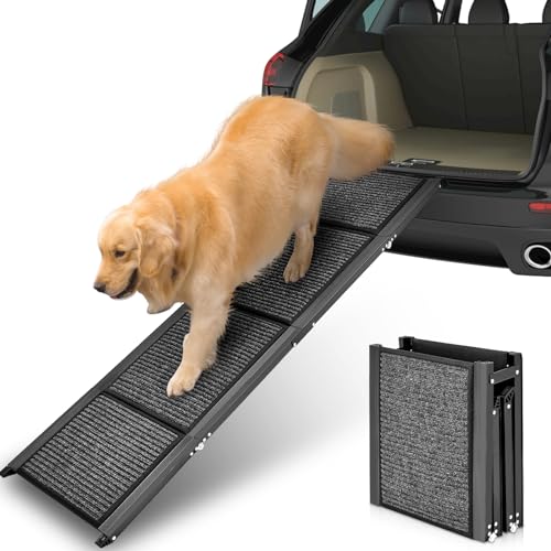 Petbank 62' Dog Ramp for Car, Foldable Large Dog Car Ramp with Anti-Slip Rug Surface, 17' Wide Dog Ramp Steps for Large Medium Small Dogs, Up to 250LBS, Dog Ramp for Cars, SUVs & Trucks