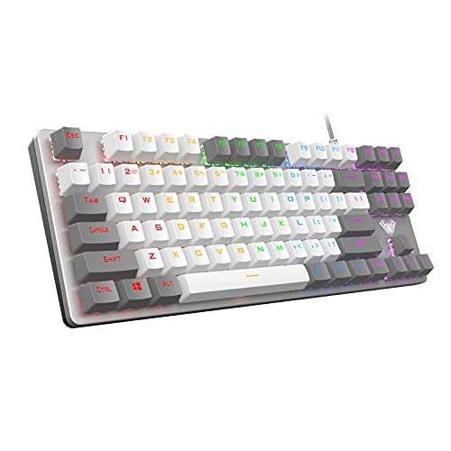 AULA F3287 Wired TKL Rainbow Mechanical Gaming Keyboard, 80% Compact Tenkeyless 87 Keys Layout w/Tactile Blue Switches, White & Grey Mixed-Color Keycaps, Programmable Macro Keys