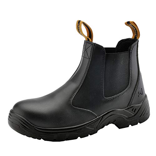Mens Work Boots Steel Toe Chelsea Safety Boots Leather Waterproof Lightweight Working Shoes(Black, US 9)