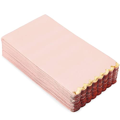 Sparkle and Bash 50 Pack Pink Paper Dinner Napkins with Gold Foil Scalloped Edges for Birthday Party, Wedding (3-Ply, 4 x 8 In)