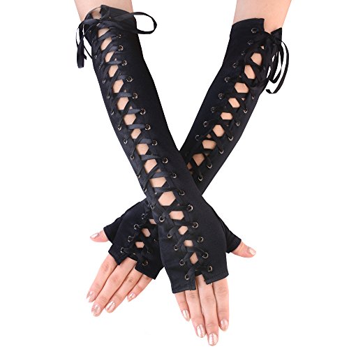 JISEN Womens Full Length Fingerless Lace Up Arm Warmer Satin Gloves Black