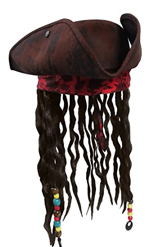 Nicky Bigs Novelties Child Buccaneer Caribbean Tricorn Pirate Hat Dreadlocks Hair Costume Cap Brown