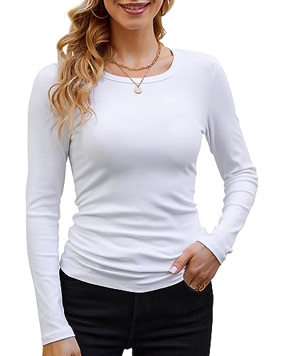 GEMBERA Womens Ribbed Long Sleeve Crewneck Casual Slim Basic Shirts Fitted Knit Tops(3922,White-L)