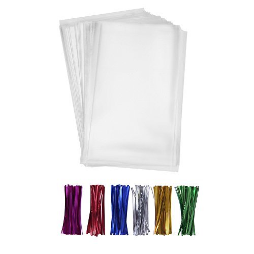 200 Clear Treat Bags 6x9 with 4' Twist Ties 6 Mix Colors - Thick OPP Plastic Cello Bags for Wedding Cookie Birthday Cake Pops Gift Candy Buffet Supplies (6'' x 9'')