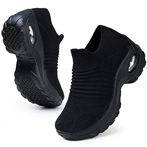 HKR Womens Walking Tennis Shoes Slip On Light Weight Mesh Platform Nursing Shoes Air Cushion Sneakers All Black 6.5 M(1839 EU 37)