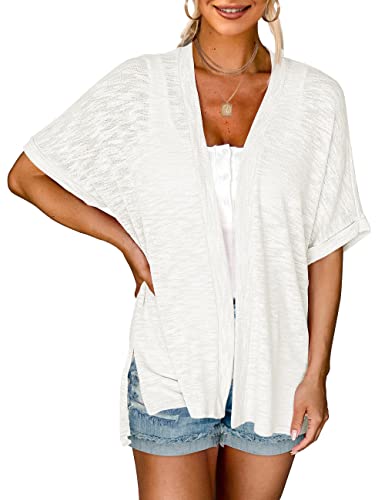 MEROKEETY Womens 2024 Summer Short Sleeve Lightweight Open Front Loose Casual Cardigan,White,L