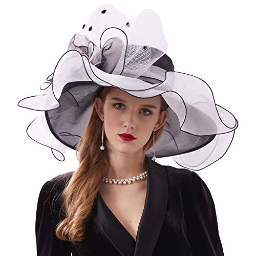 Go Mai Women Kentucky Derby Hat Organza Hats Two Wear Ways,Hat Flower Can Be Used As a Headwear Black White