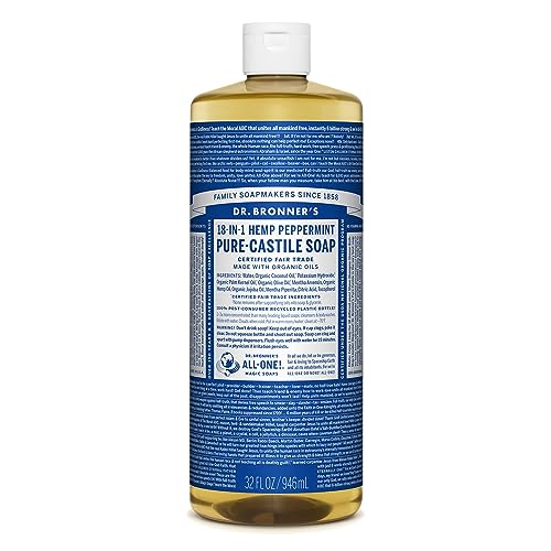 Dr. Bronner’s - Pure-Castile Liquid Soap (Peppermint, 32 ounce) - Made with Organic Oils, 18-in-1 Uses: Face, Body, Hair, Laundry, Pets and Dishes, Concentrated, Vegan, Non-GMO