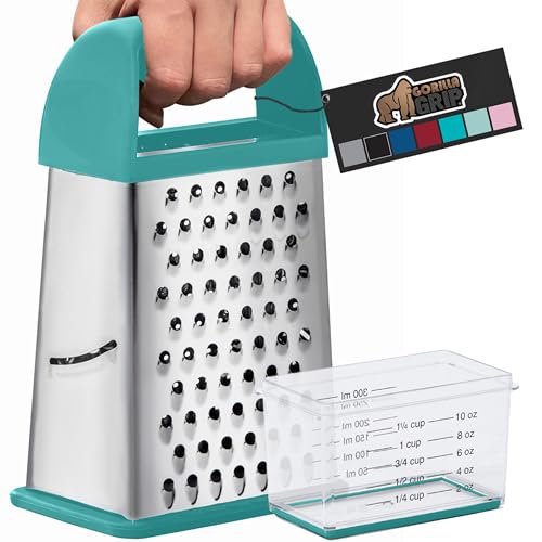 Gorilla Grip Professional 100% BPA Free 4-Sided Cheese Grater, Stainless Steel XL Box Graters Ergonomic Handle, Parmesan Shredder, Ginger Carrot Slicer, Dishwasher Safe, Include Container, Turquoise