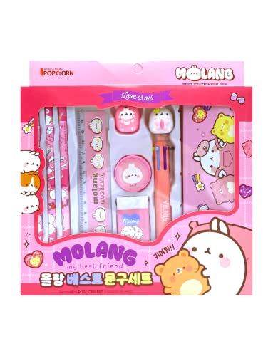 Q.REST Molang Stationery Set - Pencil 3CT, Eraser, Pencil Sharpner, Case, 6-Color Ballpoint Pen, Ruler(15cm), Cute Figure(Molang) Adorable Gift for Girls and Boys (Pink)