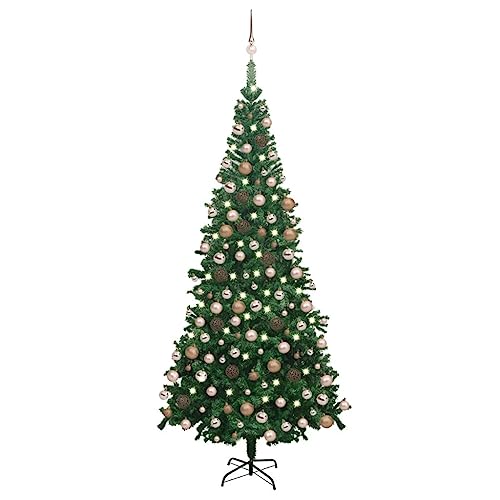 vidaXL Artificial Green Christmas Tree - 94.5' Tall with 300 LED Lights, Includes an Array of Rose Gold Balls for Decoration, with Stand, Suitable for Indoor and Outdoor Use