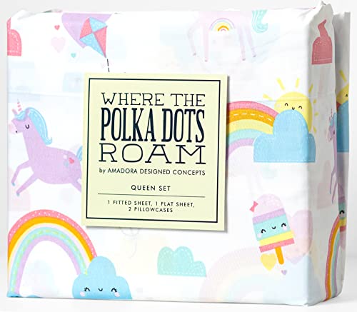 Where The Polka Dots Roam Rainbow and Unicorn 4 Pieces Full Bed Sheet Set |Super Soft Premium Bedding for Kids Room Décor, Bedding Set for Girls, 1 Fitted Sheet, 1 Flat Sheet and 2 Pillowcases