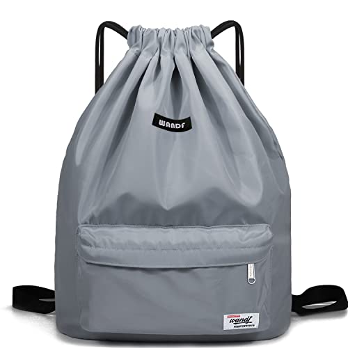WANDF Drawstring Backpack String Bag Sackpack Cinch Water Resistant Nylon for Gym Shopping Sport Yoga (Light Grey 6032)