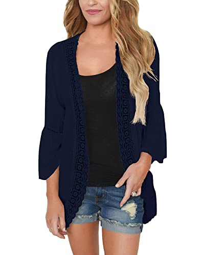 PRETTODAY Women's Summer Kimono Cardigans Ruffle Bell Sleeve Sweaters Lace Cover Up Loose Blouse Tops Navy Blue