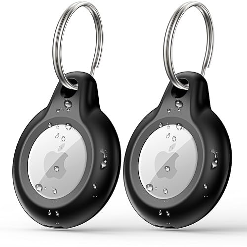 2 Pack IPX8 Waterproof Airtag Keychain with Airtag Holder Case,Full Body Shockproof,Anti-Scratch Cover Air tag for Cat,Dog,Keys,Luggage,Wallet（Black）