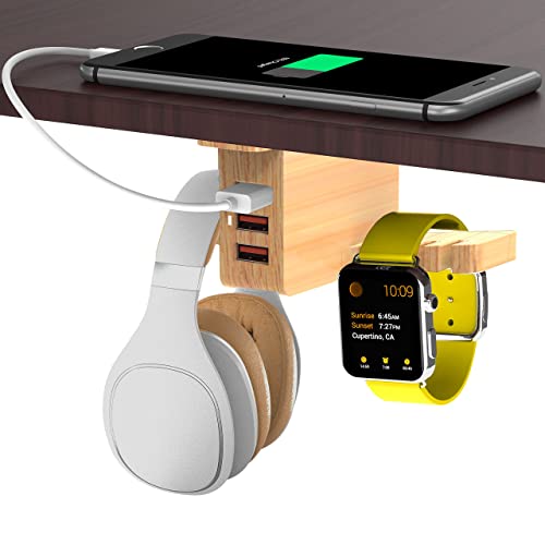 Wood Headphone Stand with USB Charger COZOO Under Desk Headset Holder Mount with 3 Port USB Charging Station and iWatch Stand Smart Watch Charging Dock Dual Earphone Hanger Hook,UL Tested