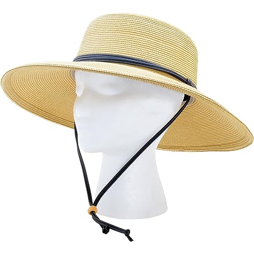 Sloggers Women's Wide Brim Braided Sun Hat with Wind Lanyard - UPF 50+ Maximum Sun Protection Light Brown