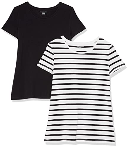 Amazon Essentials Women's Classic-Fit Short-Sleeve Crewneck T-Shirt, Pack of 2, Black/White Stripe, Medium