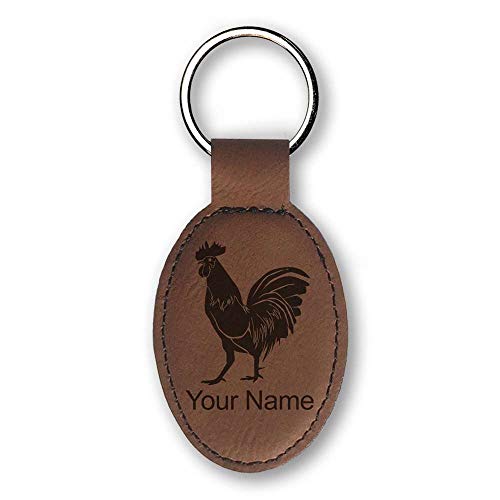 LaserGram Oval Keychain, Rooster, Personalized Engraving Included (Dark Brown)