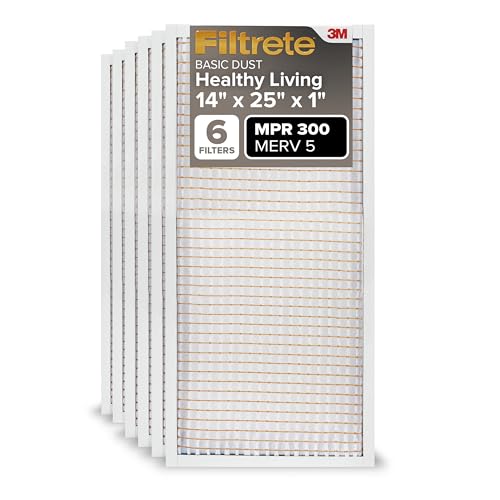 Filtrete 14x25x1 AC Furnace Air Filter, MERV 5, MPR 300, Capture Unwanted Particles, 3-Month Pleated 1-Inch Electrostatic Air Cleaning Filter, 6-Pack (Actual Size13.81x24.81x0.81 in)