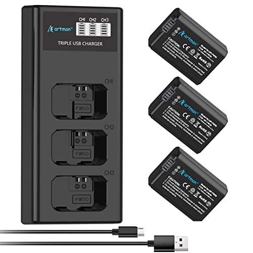 Artman 3-Pack NP-FW50 Battery and Upgraded 3-Slot LCD Charger Compatible with Sony ZV-E10, Alpha A6000 A6300 A6400 A6500 A5000 A5100 A7 A7II A7R A7RII A7S A7SII RX10 II III Camera