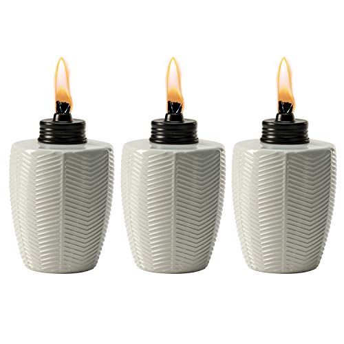 TIKI Brand Table Torch Glass Herringbone Ivory - Decorative Table Top Torches for Outdoor, Patio, Backyard and Garden, 5.75 in, 1118120, White, 3-Pack